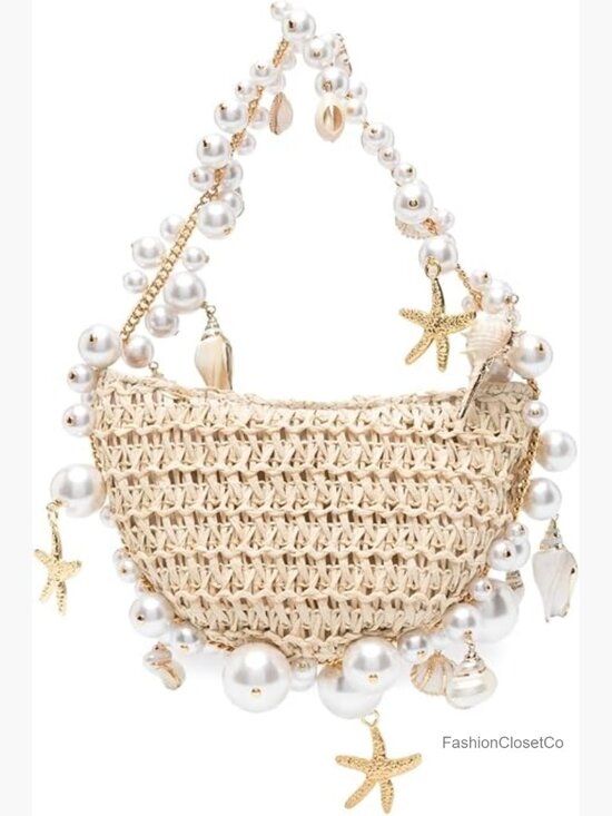 Handbags - Woven Straw Shoulder Bag with Pearl Chain, Handmade Beach Messenger Bag for